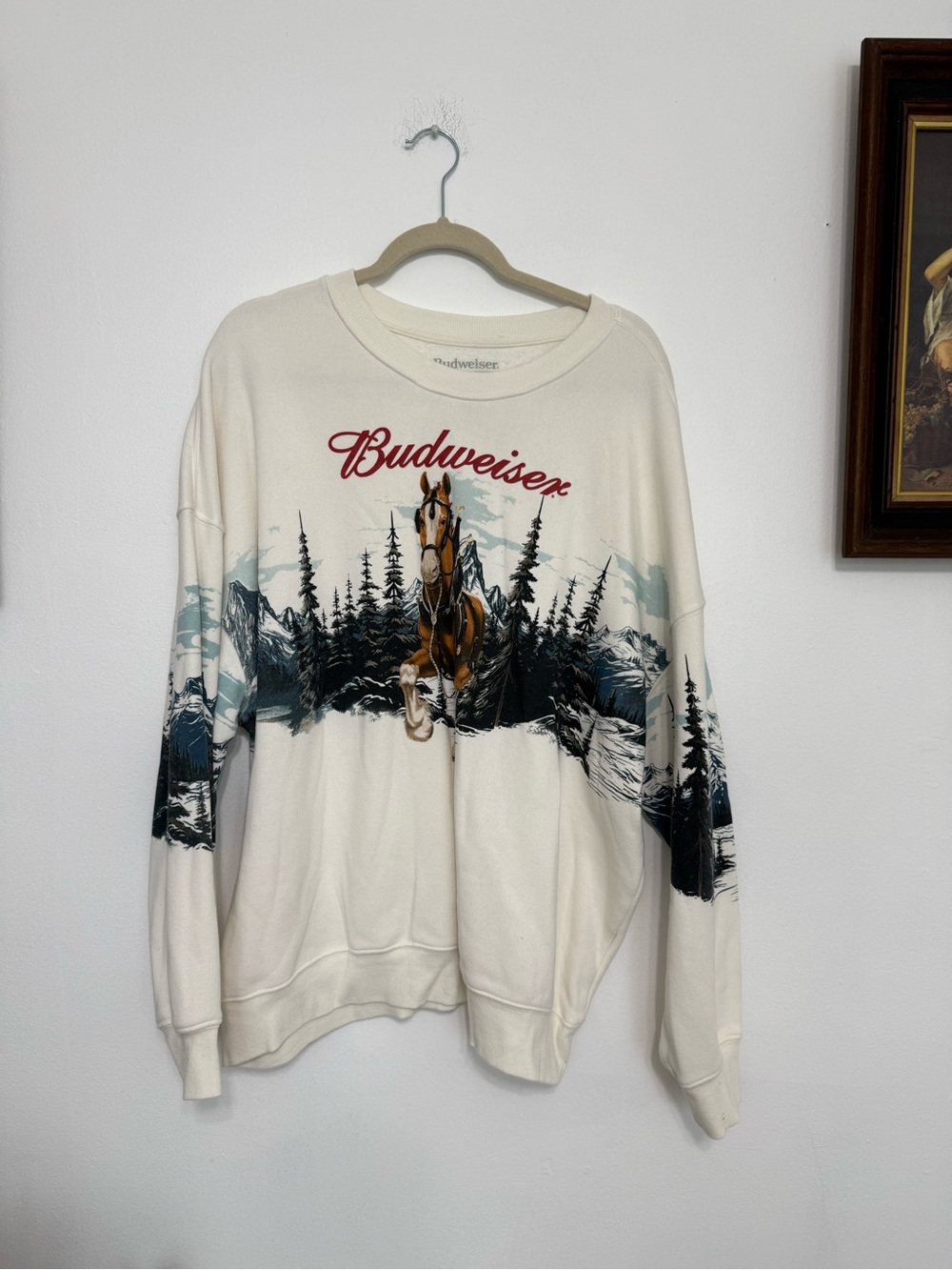 Budweiser Cream Crewneck with Red Logo and Scenic Horse Print